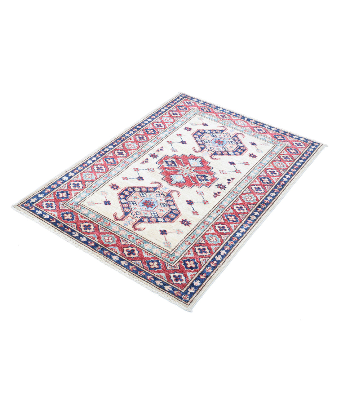 Kazak 2'11'' X 4'1'' Hand-Knotted Wool Rug 2'11'' x 4'1'' (88 X 123) / Ivory / Red