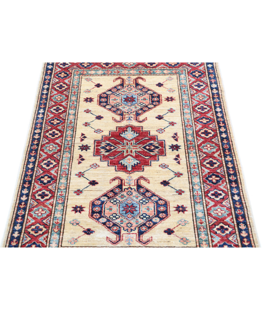 Kazak 2'11'' X 4'1'' Hand-Knotted Wool Rug 2'11'' x 4'1'' (88 X 123) / Ivory / Red