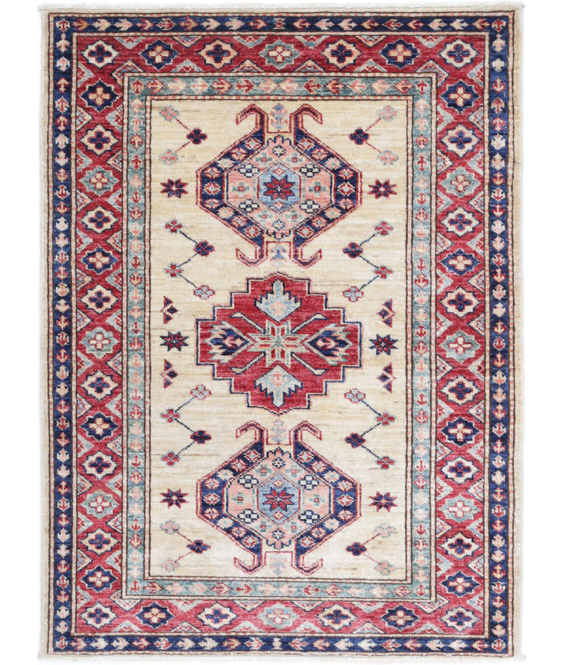 Kazak 2'11'' X 4'1'' Hand-Knotted Wool Rug 2'11'' x 4'1'' (88 X 123) / Ivory / Red