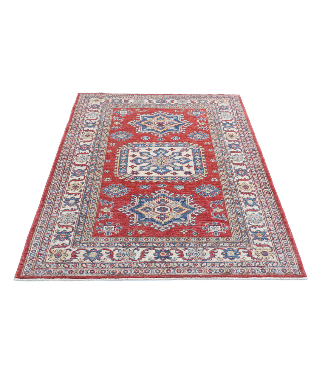 Kazak 4'0'' X 5'10'' Hand-Knotted Wool Rug 4'0'' x 5'10'' (120 X 175) / Red / Ivory