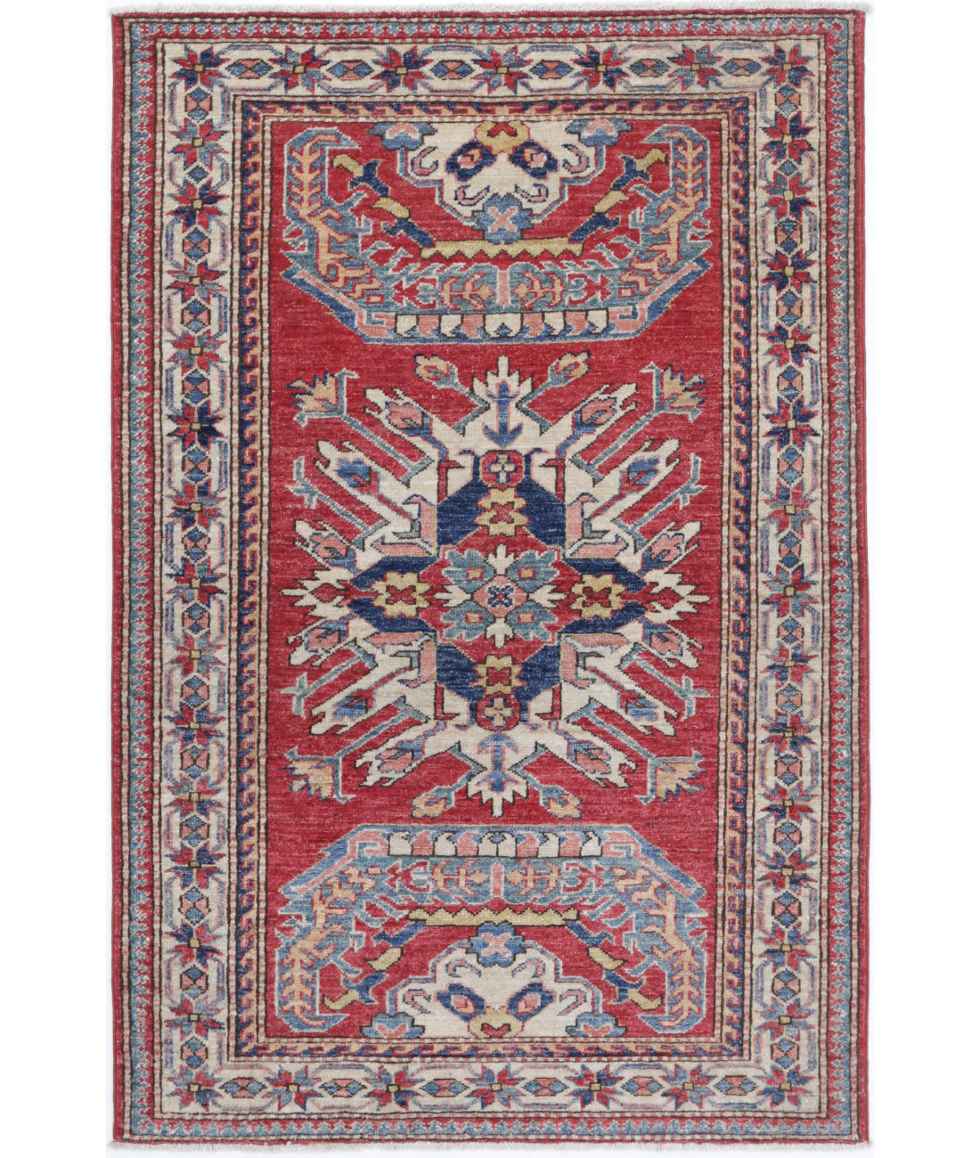 Kazak 3'1'' X 4'9'' Hand-Knotted Wool Rug 3'1'' x 4'9'' (93 X 143) / Red / Ivory