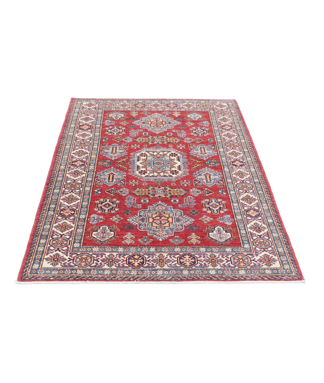 Kazak 4'1'' X 5'7'' Hand-Knotted Wool Rug 4'1'' x 5'7'' (123 X 168) / Red / Ivory