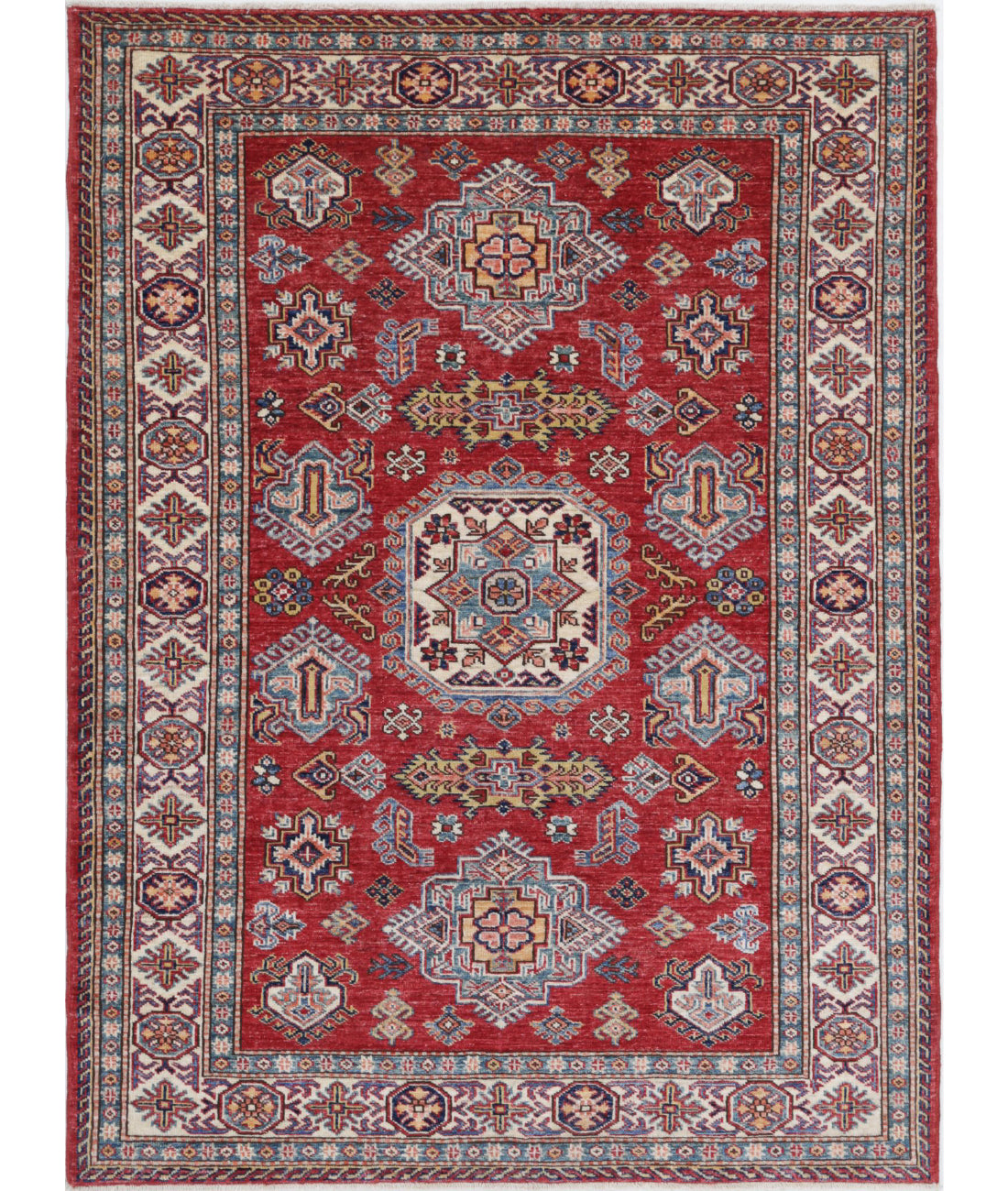 Kazak 4'1'' X 5'7'' Hand-Knotted Wool Rug 4'1'' x 5'7'' (123 X 168) / Red / Ivory