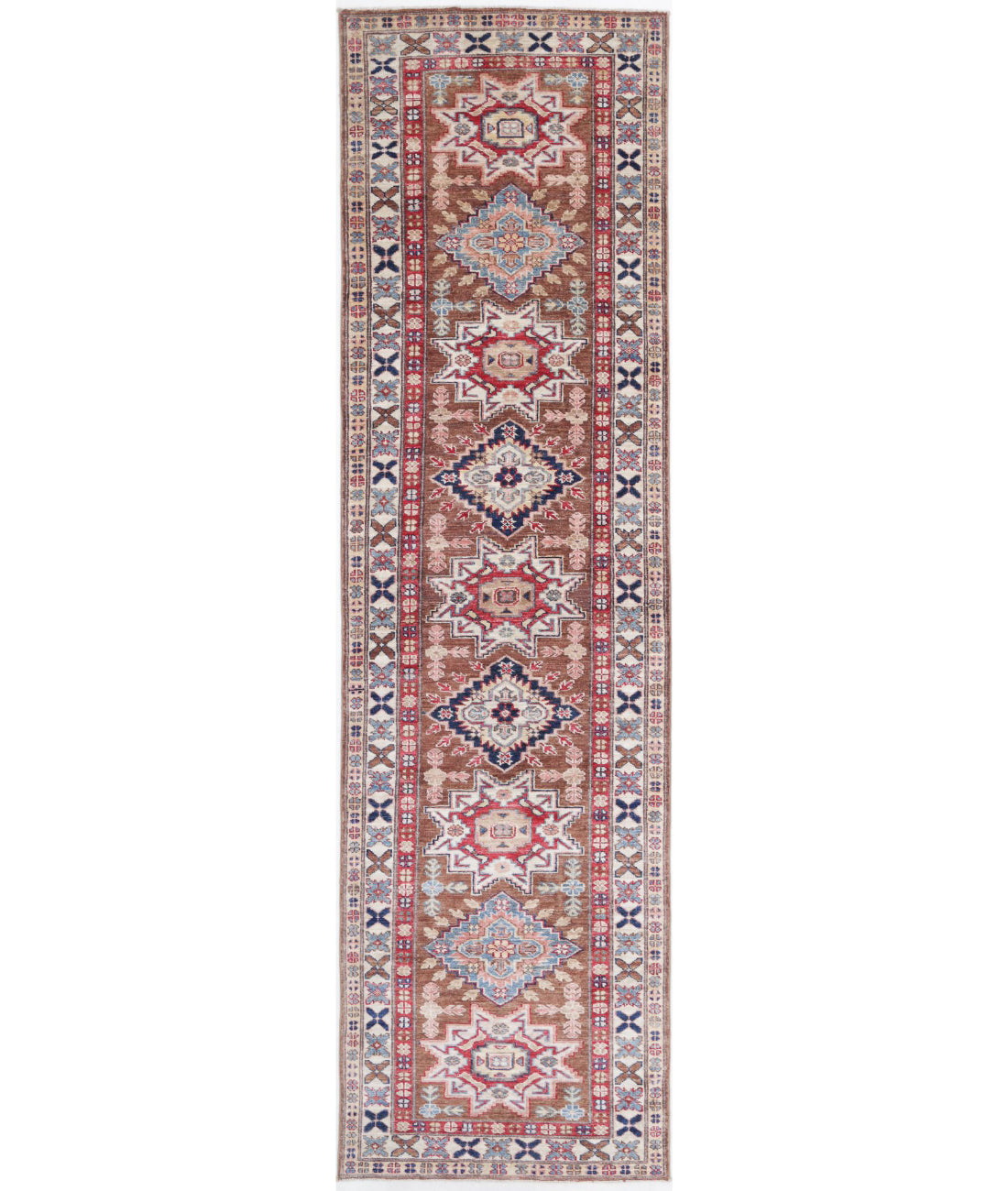 Kazak 2'6'' X 9'8'' Hand-Knotted Wool Rug 2'6'' x 9'8'' (75 X 290) / Brown / Ivory