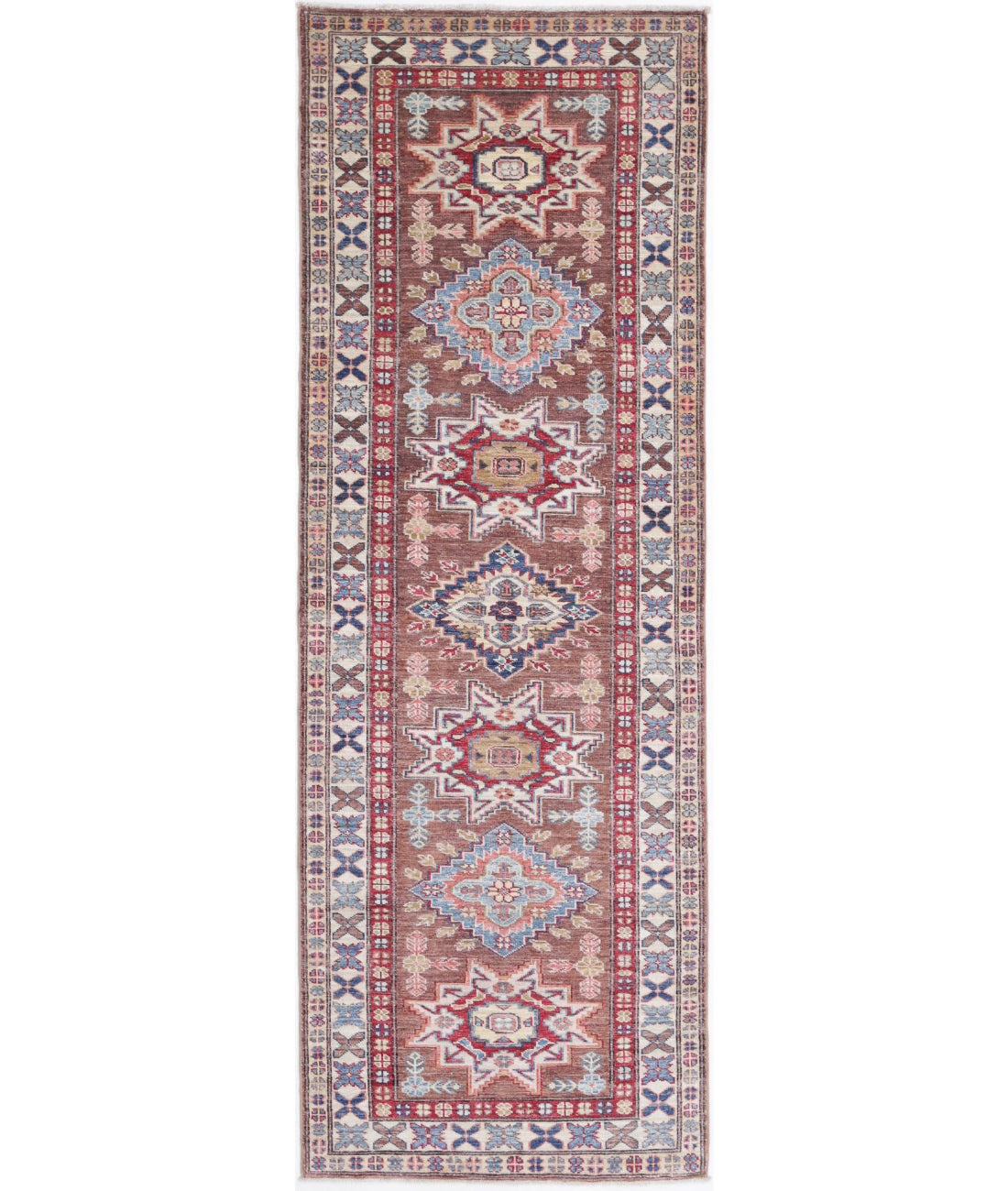 Kazak 2'5'' X 7'5'' Hand-Knotted Wool Rug 2'5'' x 7'5'' (73 X 223) / Brown / Ivory