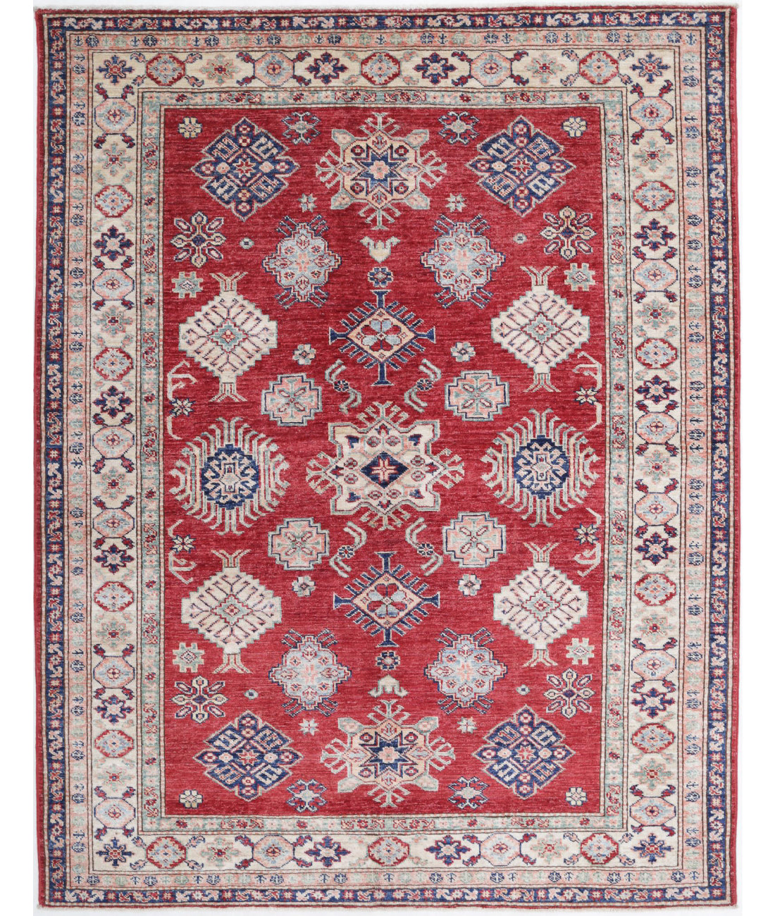 Kazak 4'11'' X 6'5'' Hand-Knotted Wool Rug 4'11'' x 6'5'' (148 X 193) / Red / Ivory