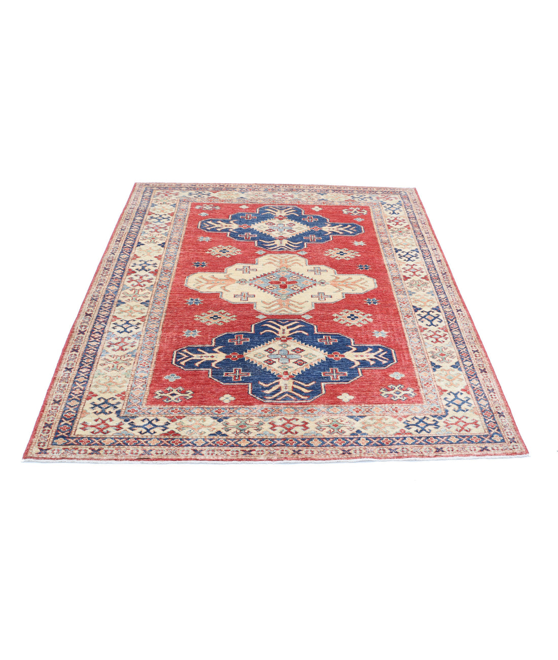 Kazak 4'11'' X 5'11'' Hand-Knotted Wool Rug 4'11'' x 5'11'' (148 X 178) / Red / Ivory