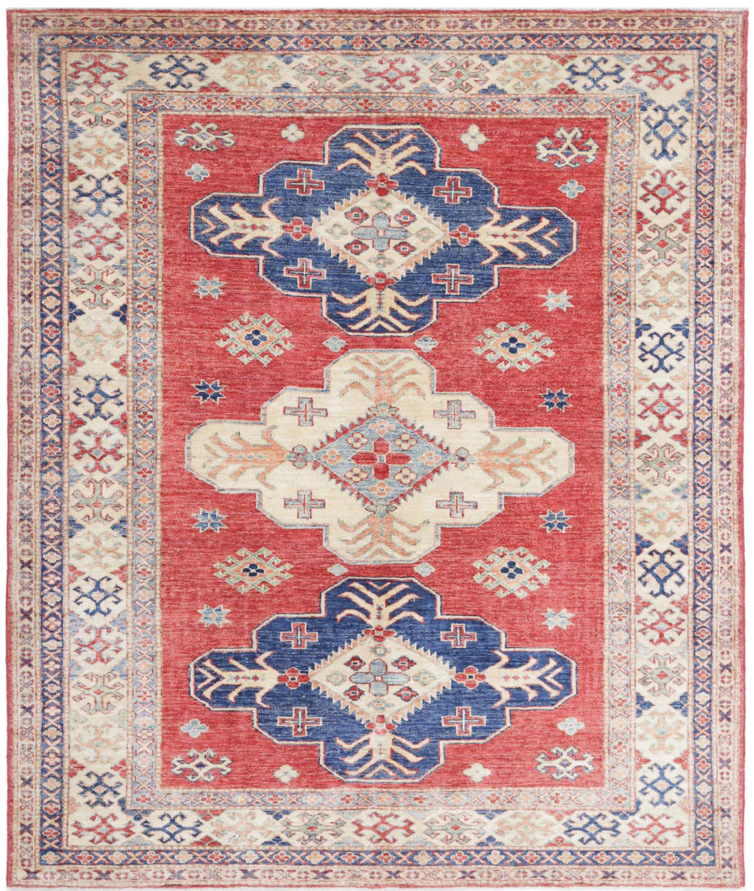 Kazak 4'11'' X 5'11'' Hand-Knotted Wool Rug 4'11'' x 5'11'' (148 X 178) / Red / Ivory