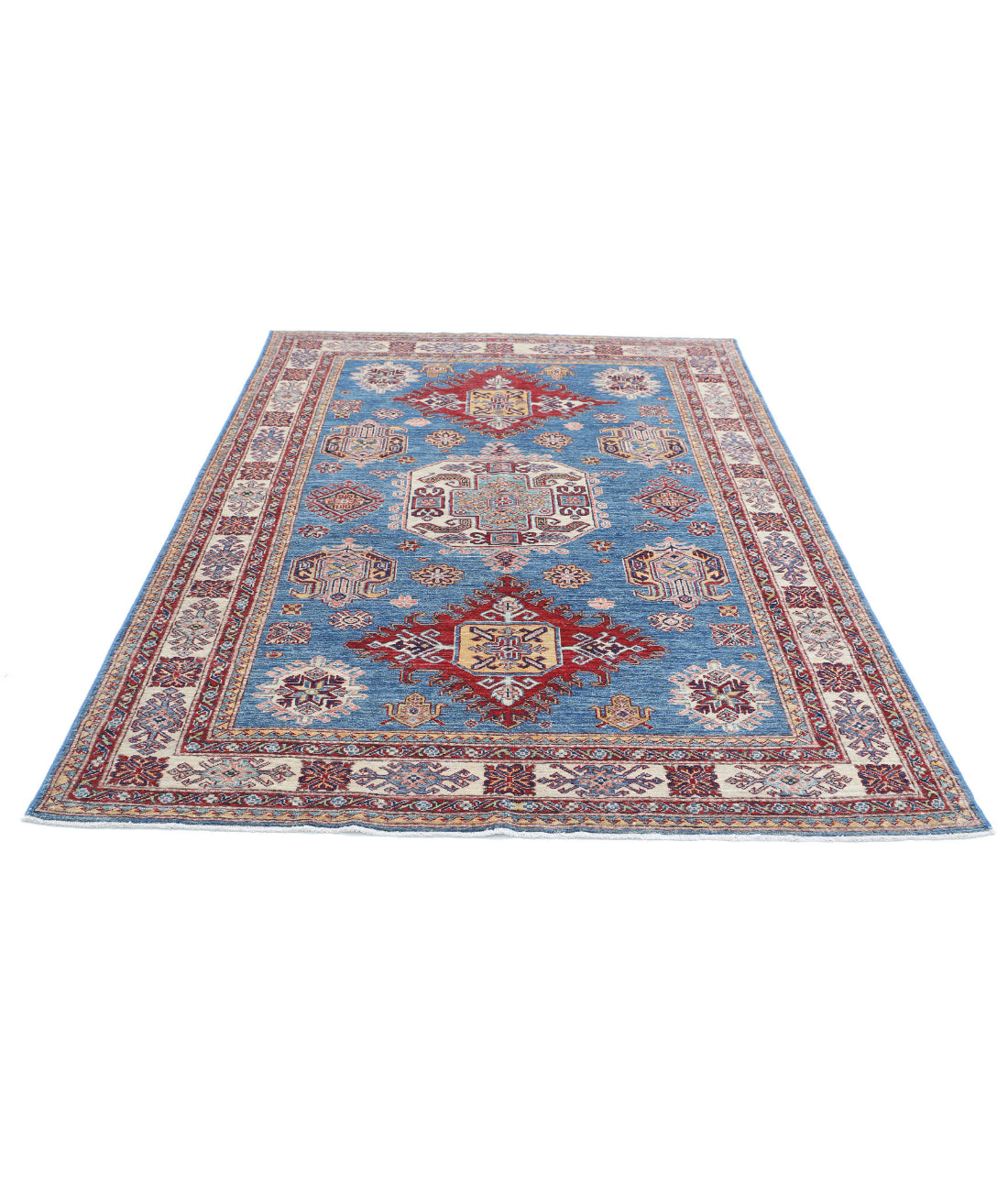 Kazak 5'7'' X 8'1'' Hand-Knotted Wool Rug 5'7'' x 8'1'' (168 X 243) / Blue / Ivory