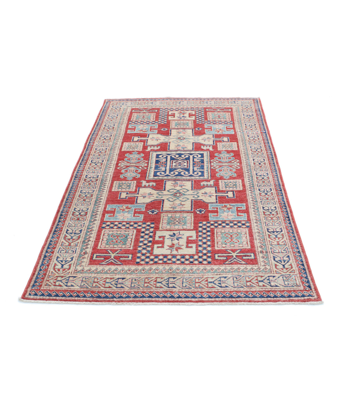 Kazak 4'1'' X 6'7'' Hand-Knotted Wool Rug 4'1'' x 6'7'' (123 X 198) / Red / Ivory