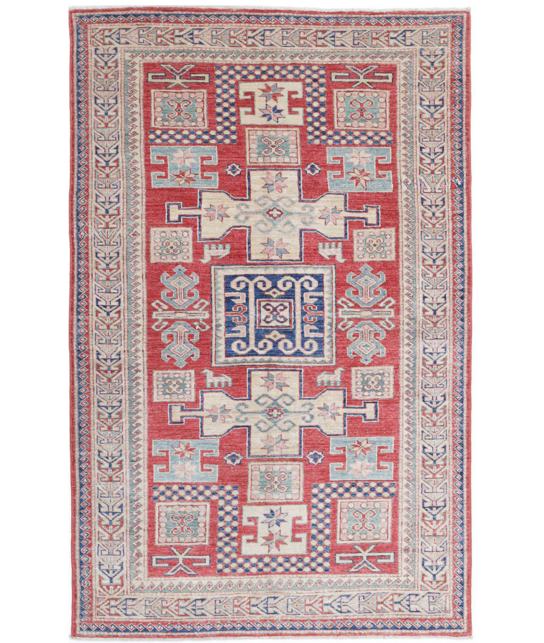 Kazak 4'1'' X 6'7'' Hand-Knotted Wool Rug 4'1'' x 6'7'' (123 X 198) / Red / Ivory