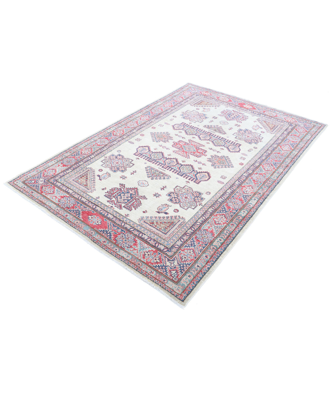 Kazak 4'10'' X 7'3'' Hand-Knotted Wool Rug 4'10'' x 7'3'' (145 X 218) / Ivory / Red