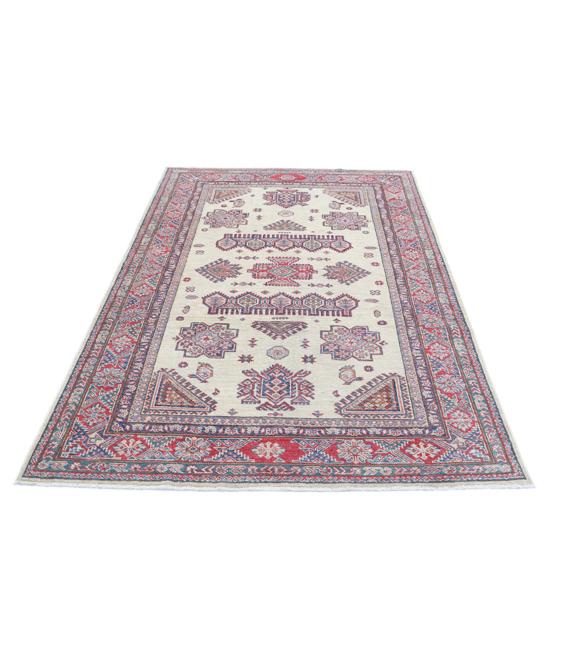 Kazak 4'10'' X 7'3'' Hand-Knotted Wool Rug 4'10'' x 7'3'' (145 X 218) / Ivory / Red