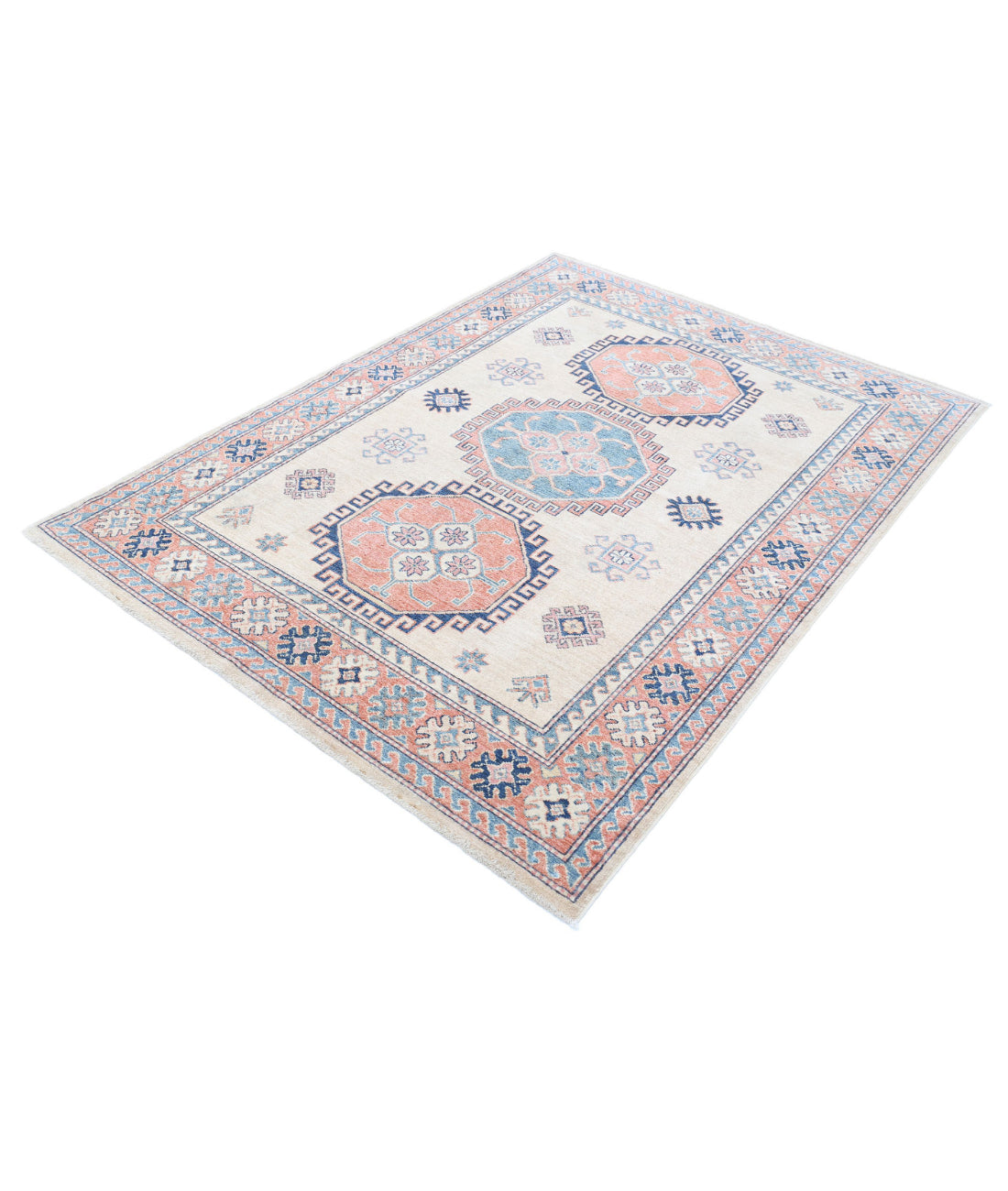 Kazak 4'10'' X 6'8'' Hand-Knotted Wool Rug 4'10'' x 6'8'' (145 X 200) / Ivory / Peach