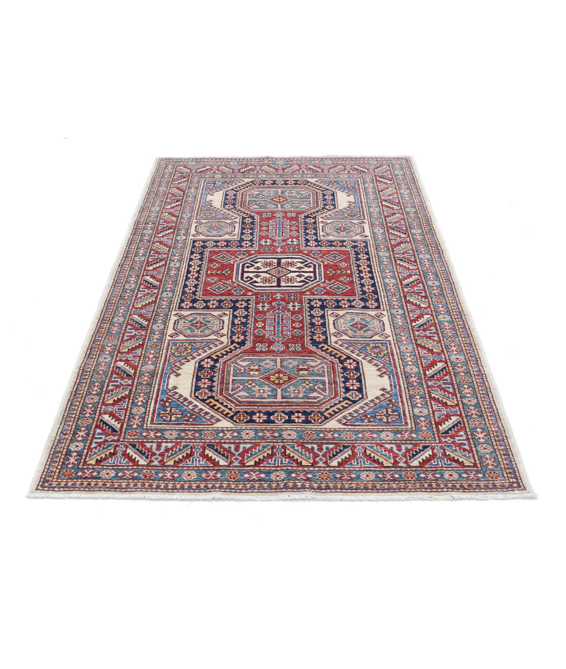 Kazak 4'2'' X 6'6'' Hand-Knotted Wool Rug 4'2'' x 6'6'' (125 X 195) / Ivory / Red