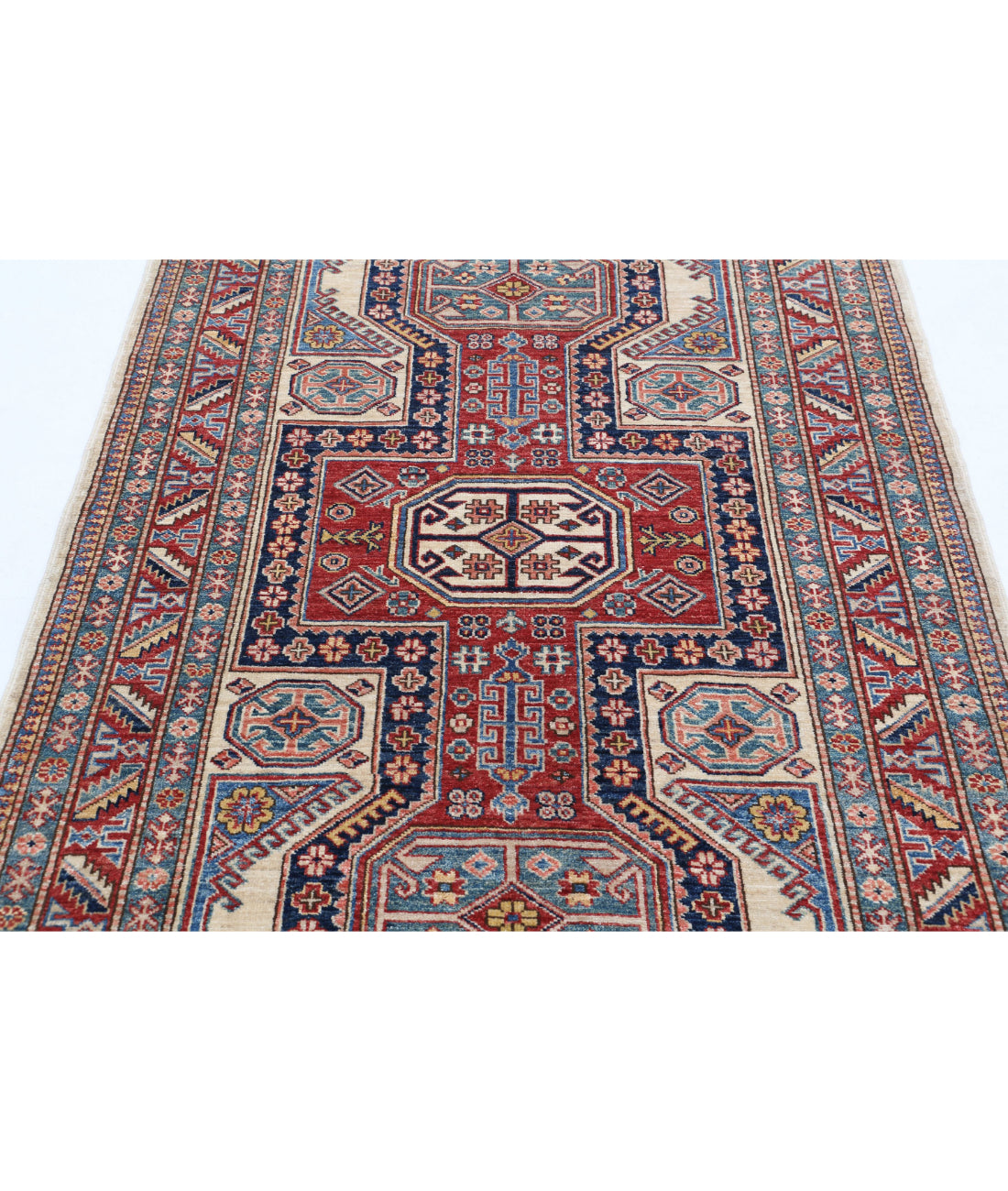 Kazak 4'2'' X 6'6'' Hand-Knotted Wool Rug 4'2'' x 6'6'' (125 X 195) / Ivory / Red