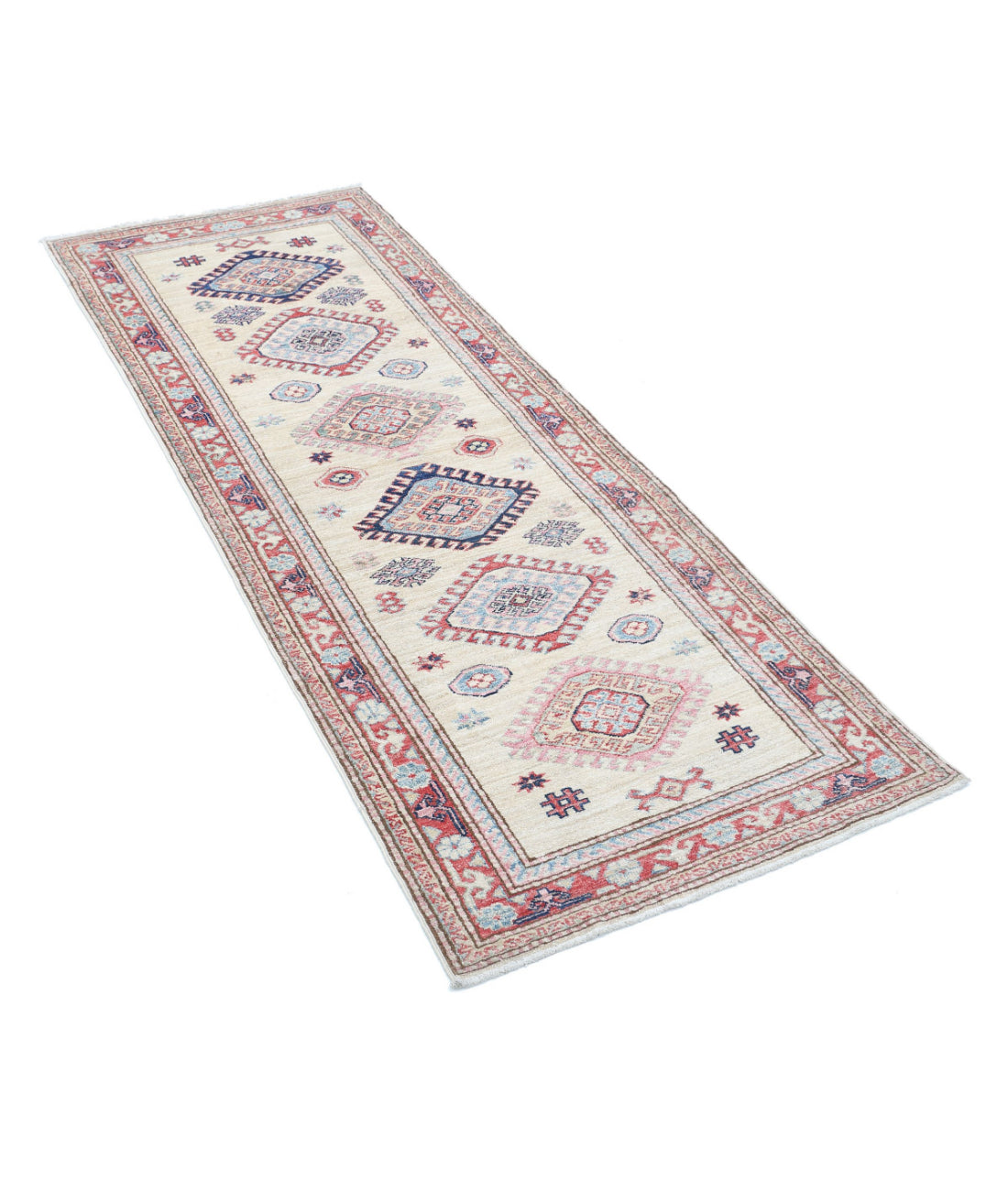 Kazak 2'4'' X 6'3'' Hand-Knotted Wool Rug 2'4'' x 6'3'' (70 X 188) / Ivory / Red