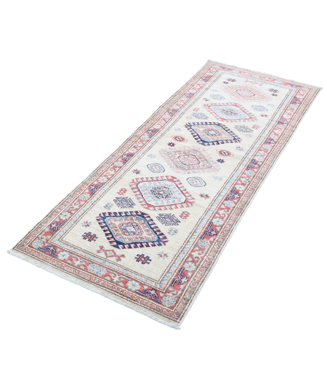 Kazak 2'4'' X 6'3'' Hand-Knotted Wool Rug 2'4'' x 6'3'' (70 X 188) / Ivory / Red