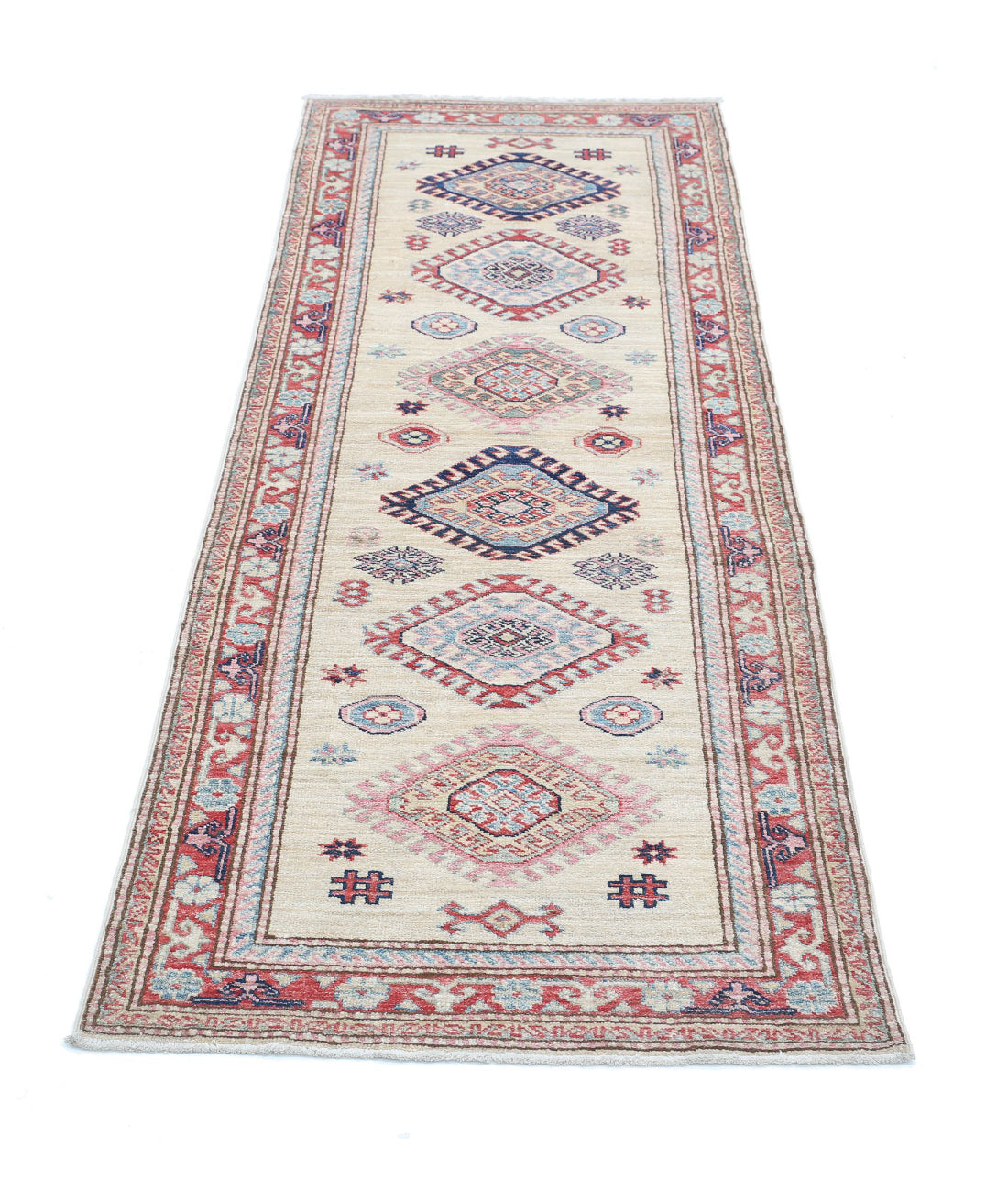 Kazak 2'4'' X 6'3'' Hand-Knotted Wool Rug 2'4'' x 6'3'' (70 X 188) / Ivory / Red