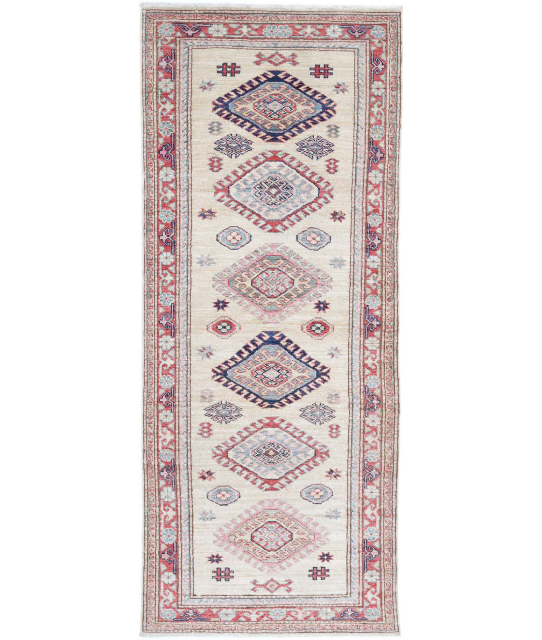 Kazak 2'4'' X 6'3'' Hand-Knotted Wool Rug 2'4'' x 6'3'' (70 X 188) / Ivory / Red