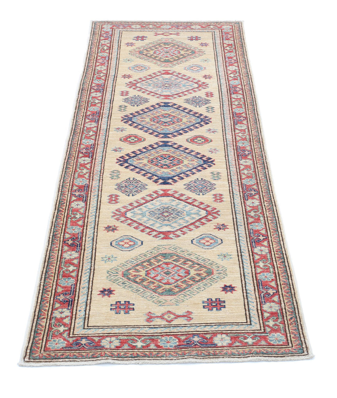 Kazak 2'4'' X 6'5'' Hand-Knotted Wool Rug 2'4'' x 6'5'' (70 X 193) / Ivory / Red