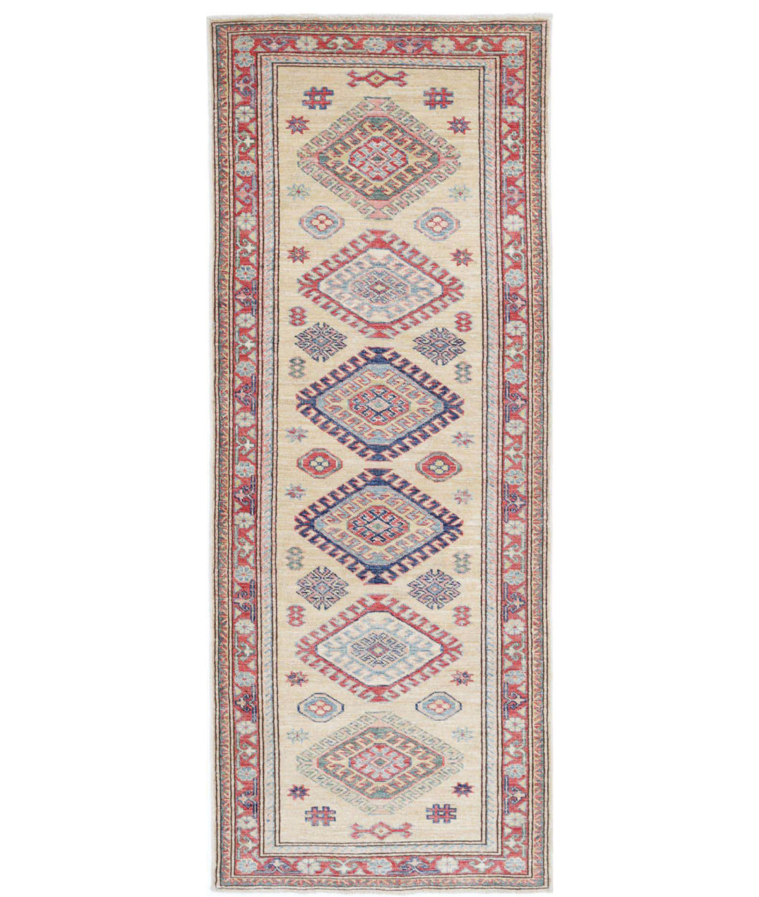 Kazak 2'4'' X 6'5'' Hand-Knotted Wool Rug 2'4'' x 6'5'' (70 X 193) / Ivory / Red