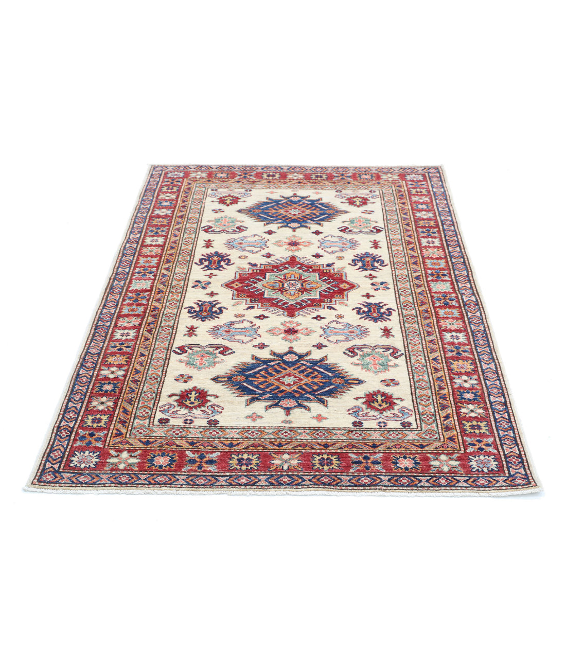 Kazak 4'0'' X 5'5'' Hand-Knotted Wool Rug 4'0'' x 5'5'' (120 X 163) / Ivory / Red