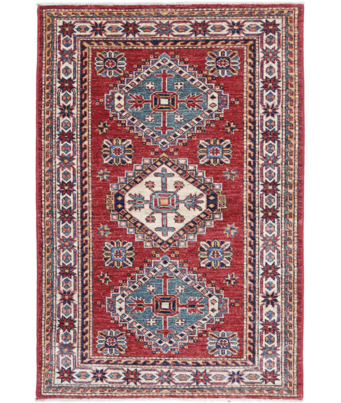 Kazak 2'9'' X 4'2'' Hand-Knotted Wool Rug 2'9'' x 4'2'' (83 X 125) / Red / Ivory