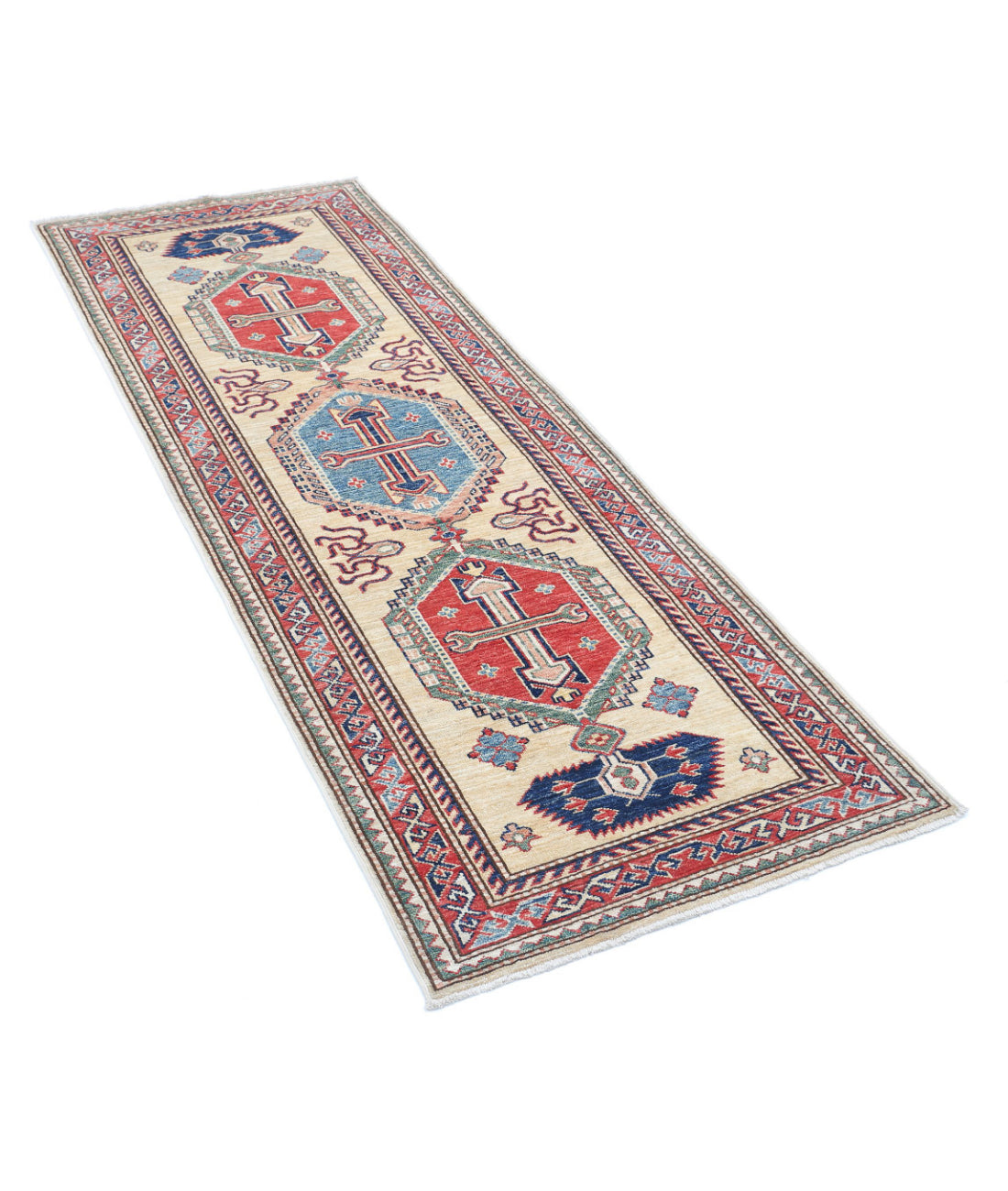 Kazak 2'5'' X 6'7'' Hand-Knotted Wool Rug 2'5'' x 6'7'' (73 X 198) / Ivory / Red