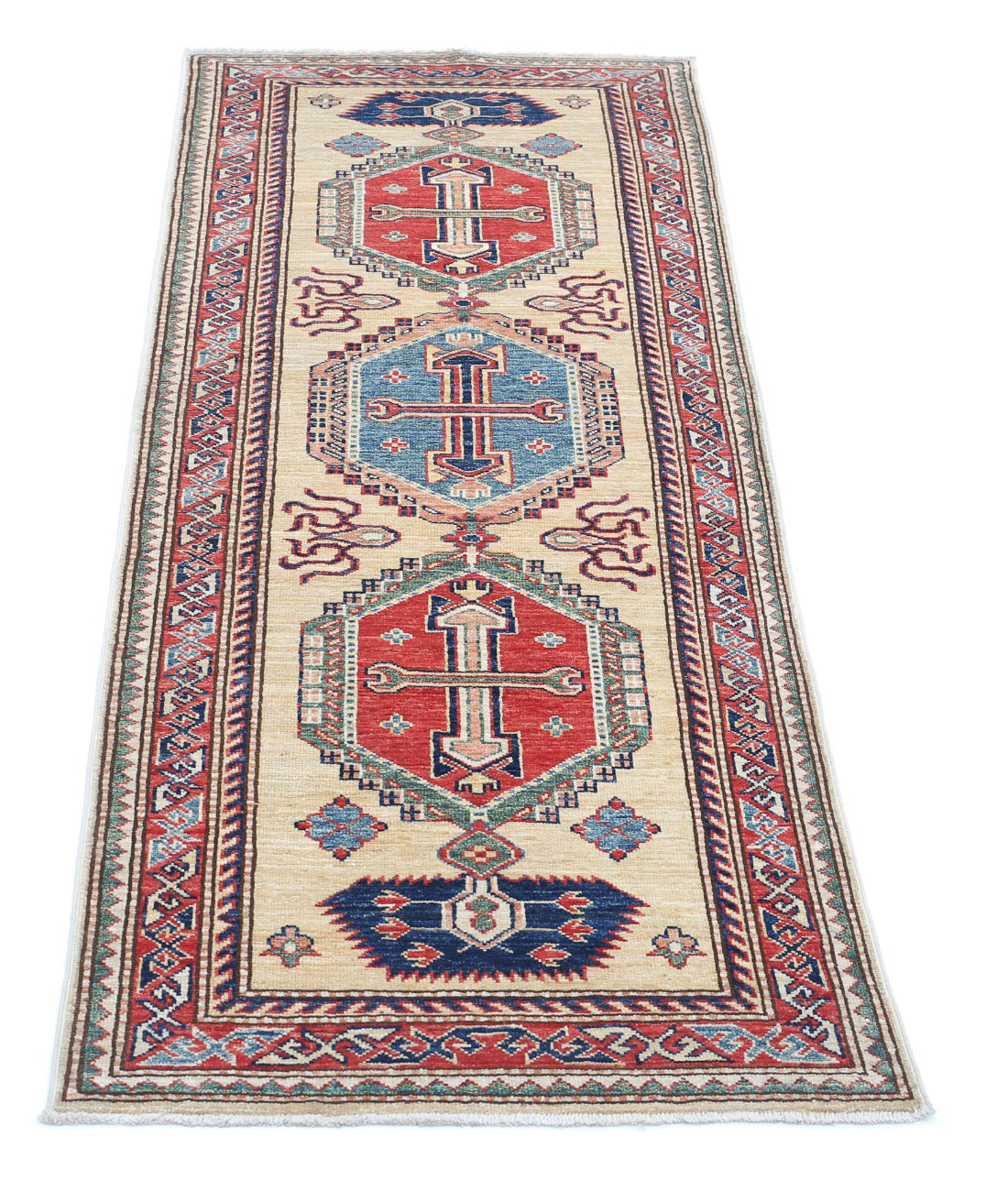 Kazak 2'5'' X 6'7'' Hand-Knotted Wool Rug 2'5'' x 6'7'' (73 X 198) / Ivory / Red