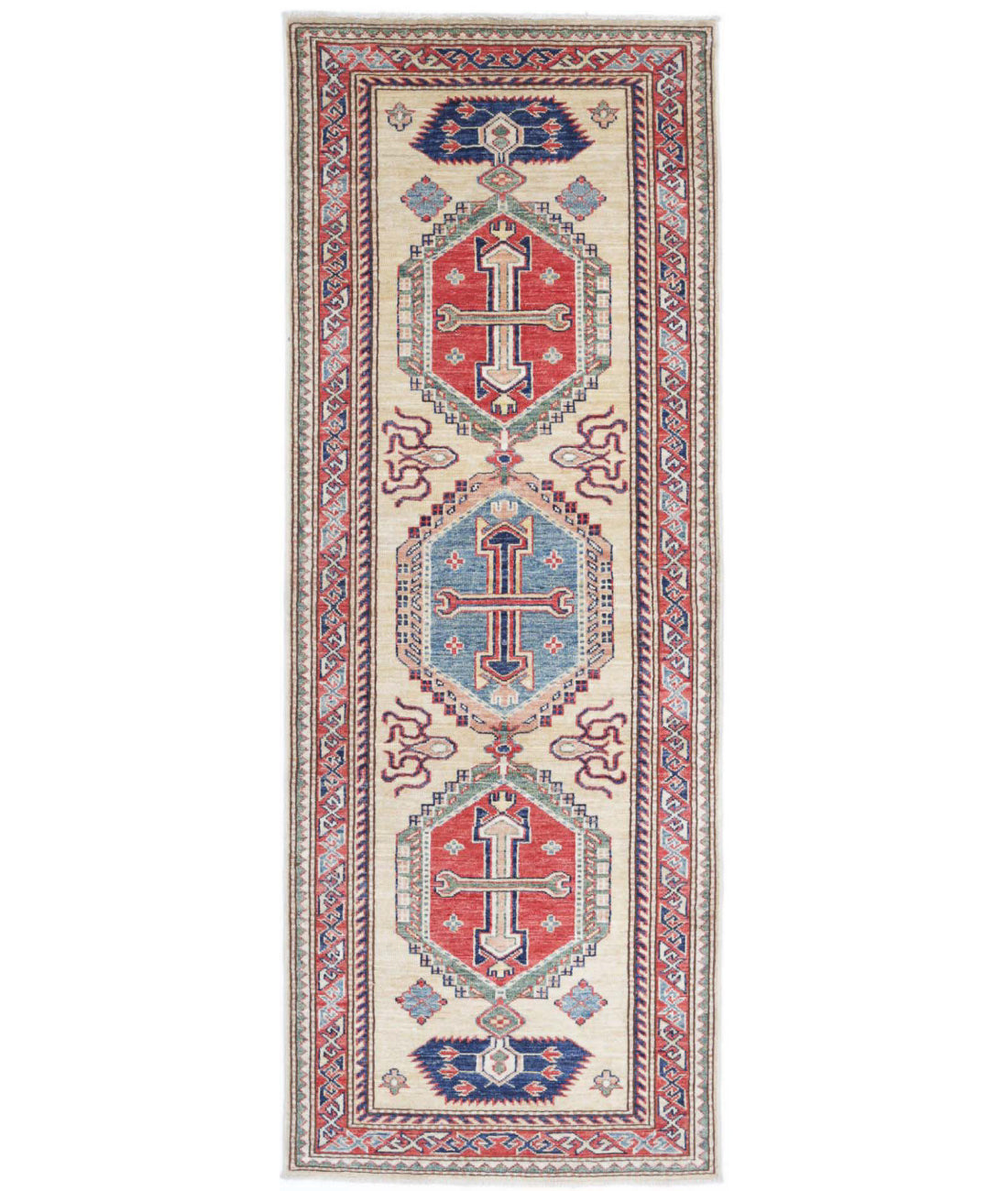 Kazak 2'5'' X 6'7'' Hand-Knotted Wool Rug 2'5'' x 6'7'' (73 X 198) / Ivory / Red