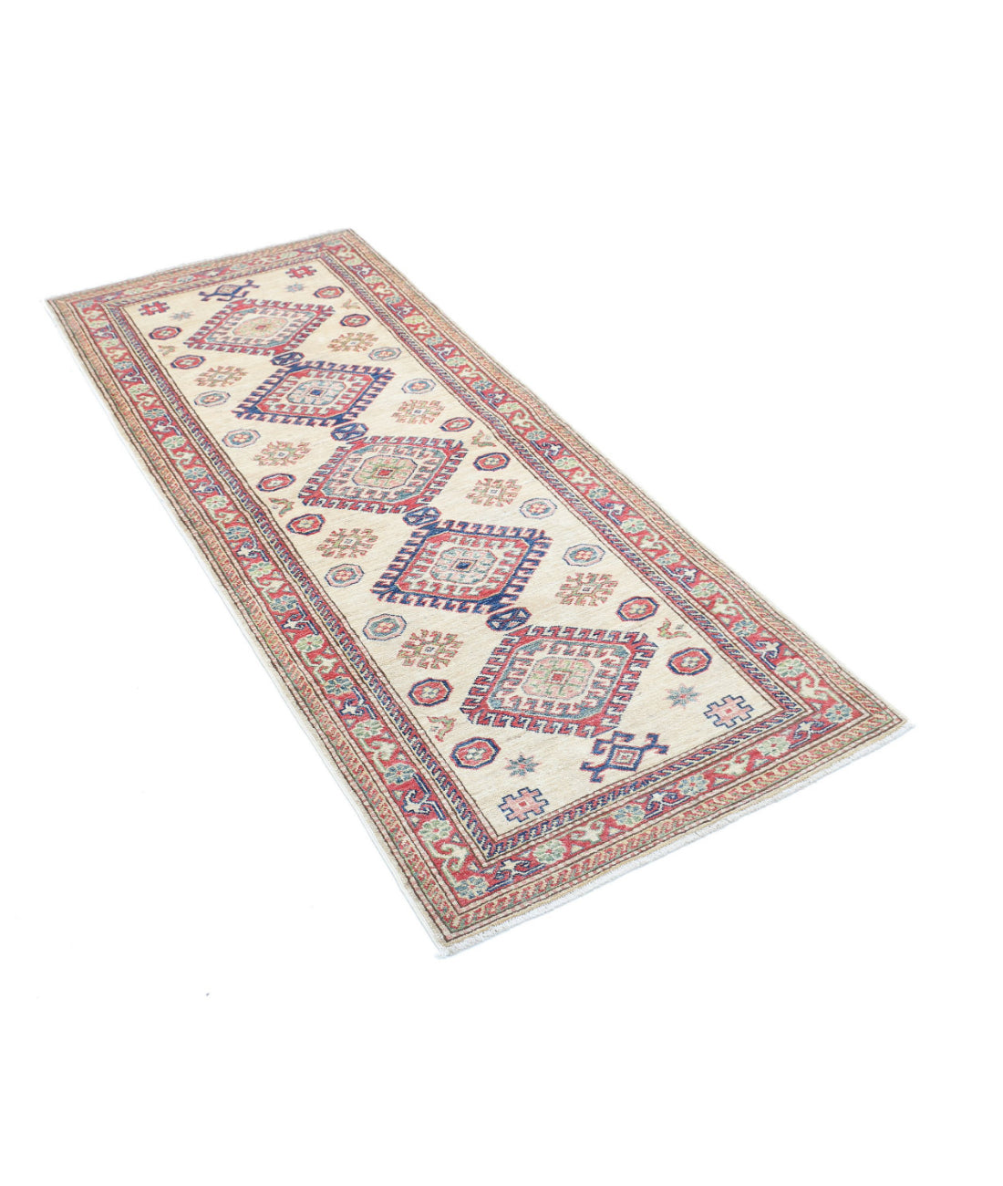 Kazak 2'7'' X 6'2'' Hand-Knotted Wool Rug 2'7'' x 6'2'' (78 X 185) / Ivory / Red