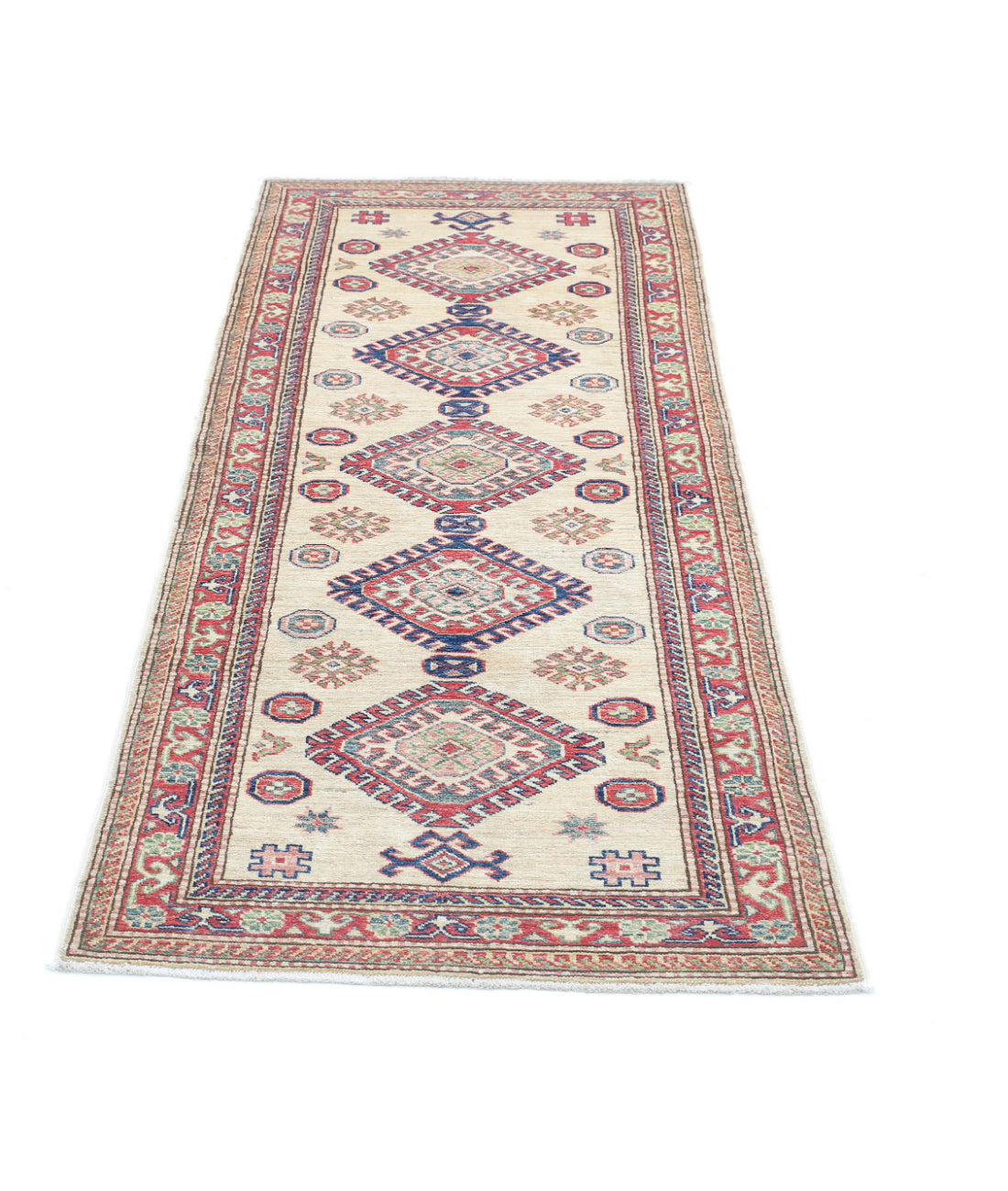 Kazak 2'7'' X 6'2'' Hand-Knotted Wool Rug 2'7'' x 6'2'' (78 X 185) / Ivory / Red