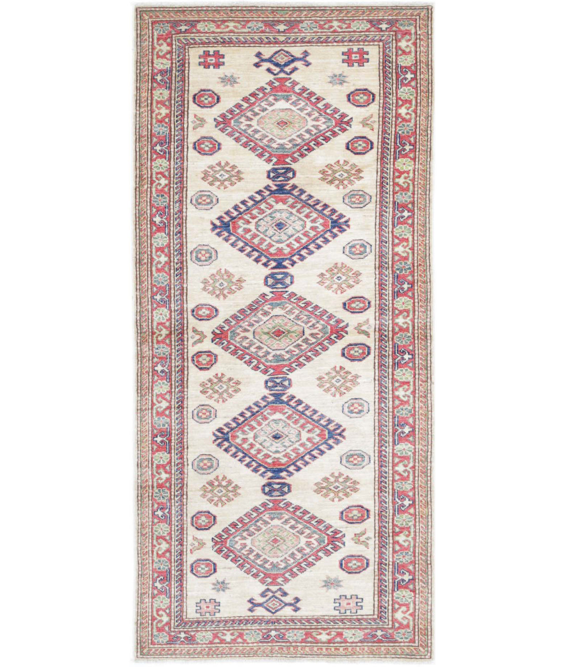 Kazak 2'7'' X 6'2'' Hand-Knotted Wool Rug 2'7'' x 6'2'' (78 X 185) / Ivory / Red