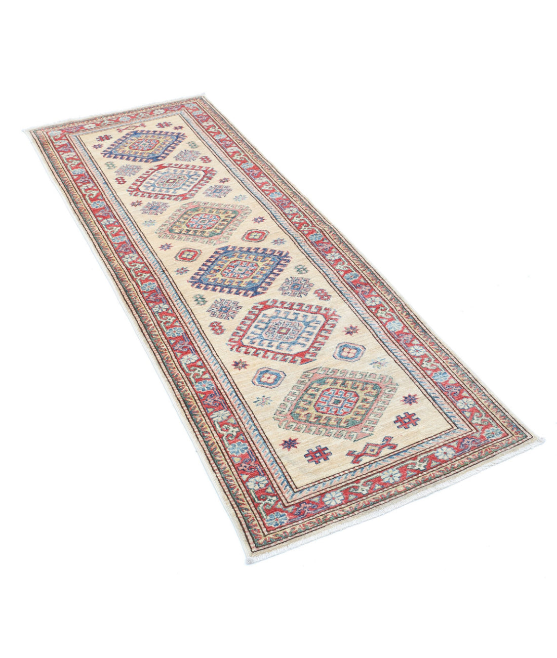 Kazak 2'4'' X 6'3'' Hand-Knotted Wool Rug 2'4'' x 6'3'' (70 X 188) / Ivory / Red