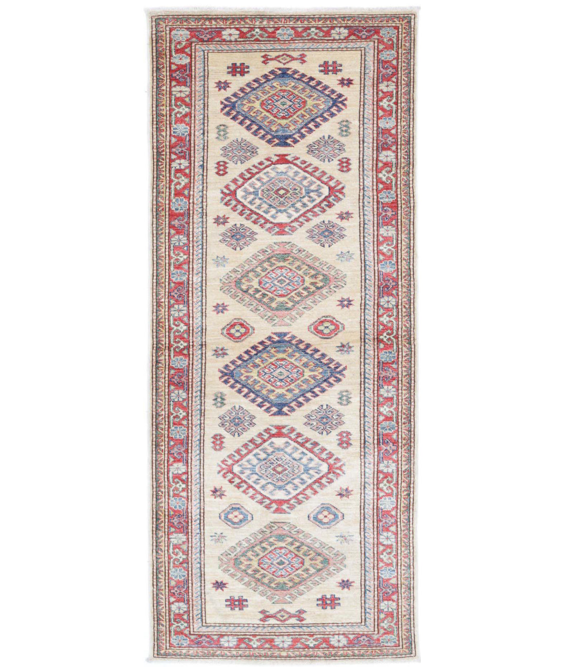 Kazak 2'4'' X 6'3'' Hand-Knotted Wool Rug 2'4'' x 6'3'' (70 X 188) / Ivory / Red