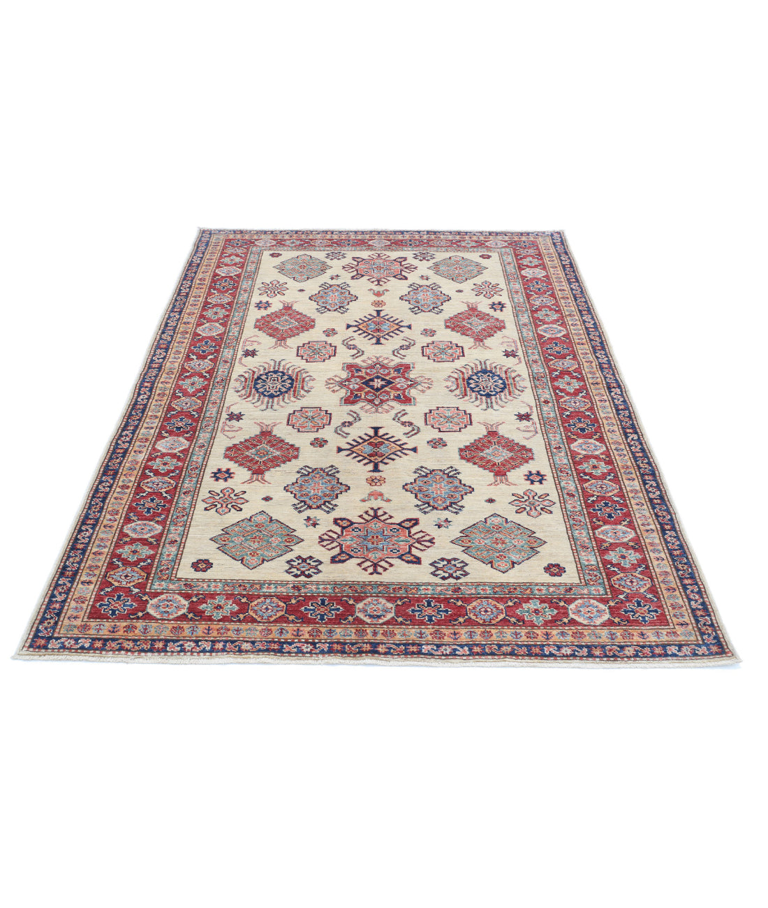 Kazak 4'9'' X 6'3'' Hand-Knotted Wool Rug 4'9'' x 6'3'' (143 X 188) / Ivory / Red