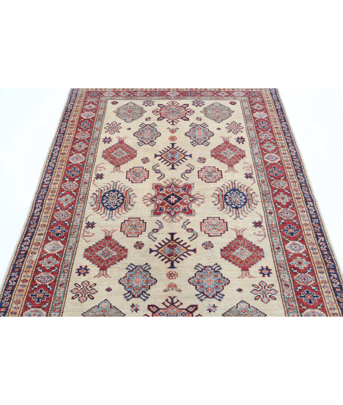 Kazak 4'9'' X 6'3'' Hand-Knotted Wool Rug 4'9'' x 6'3'' (143 X 188) / Ivory / Red