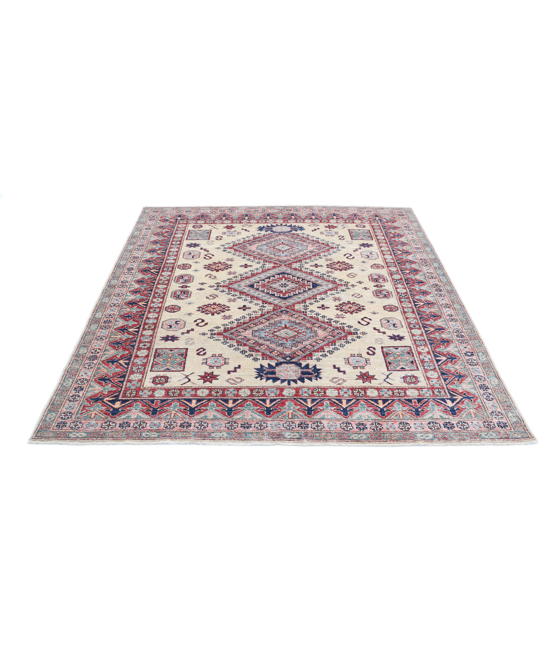 Kazak 6'1'' X 6'6'' Hand-Knotted Wool Rug 6'1'' x 6'6'' (183 X 195) / Ivory / Red