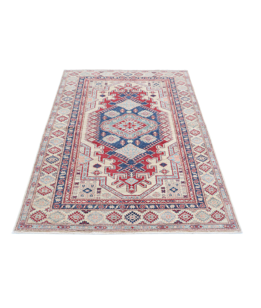 Kazak 4'0'' X 6'2'' Hand-Knotted Wool Rug 4'0'' x 6'2'' (120 X 185) / Ivory / Red