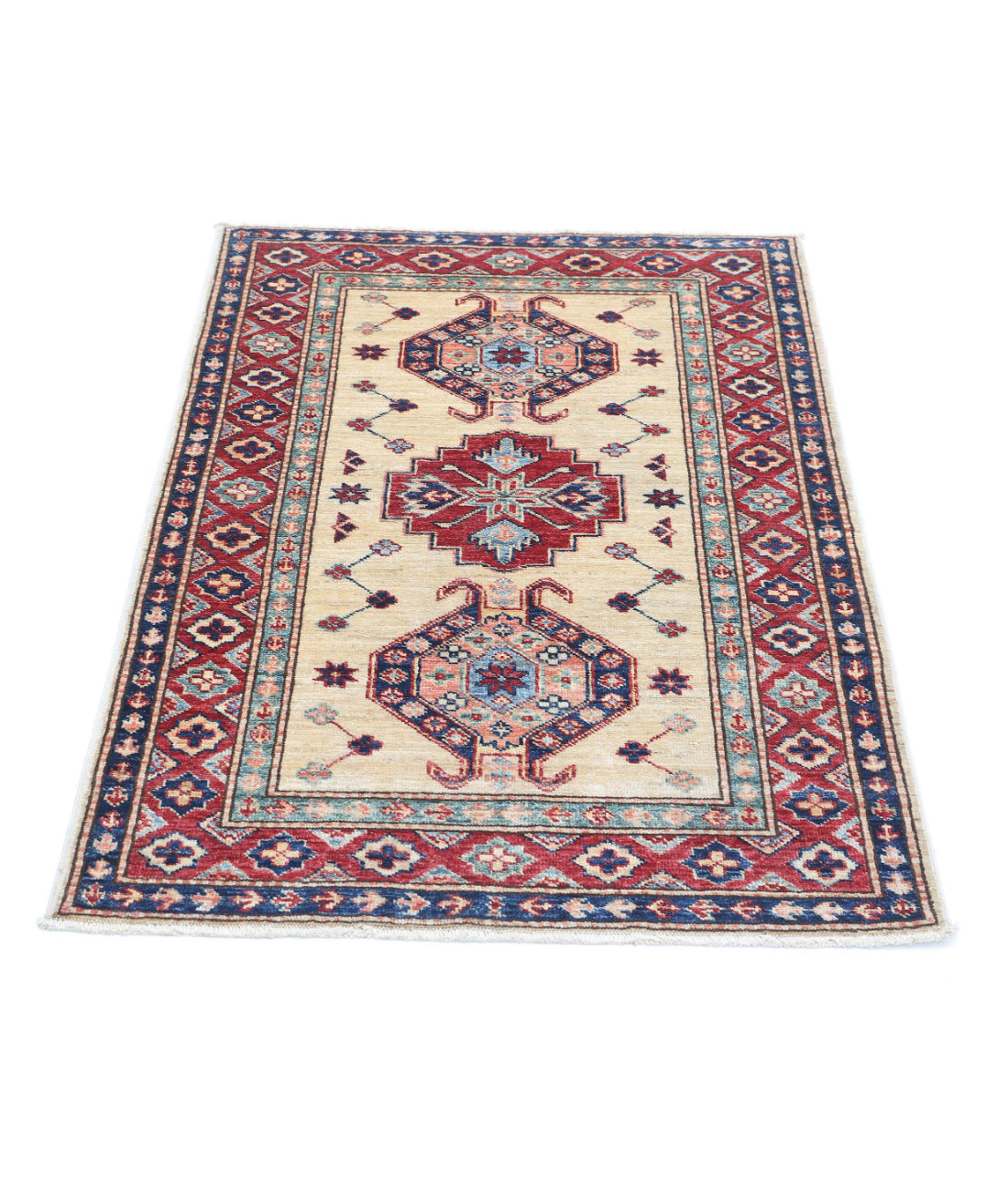 Kazak 2'10'' X 4'0'' Hand-Knotted Wool Rug 2'10'' x 4'0'' (85 X 120) / Ivory / Red