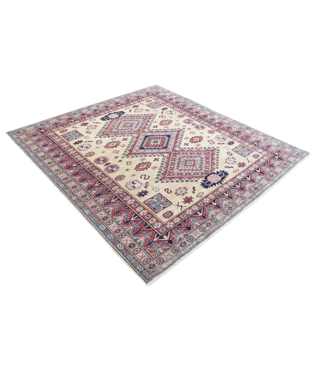 Kazak 6'2'' X 6'8'' Hand-Knotted Wool Rug 6'2'' x 6'8'' (185 X 200) / Ivory / Red