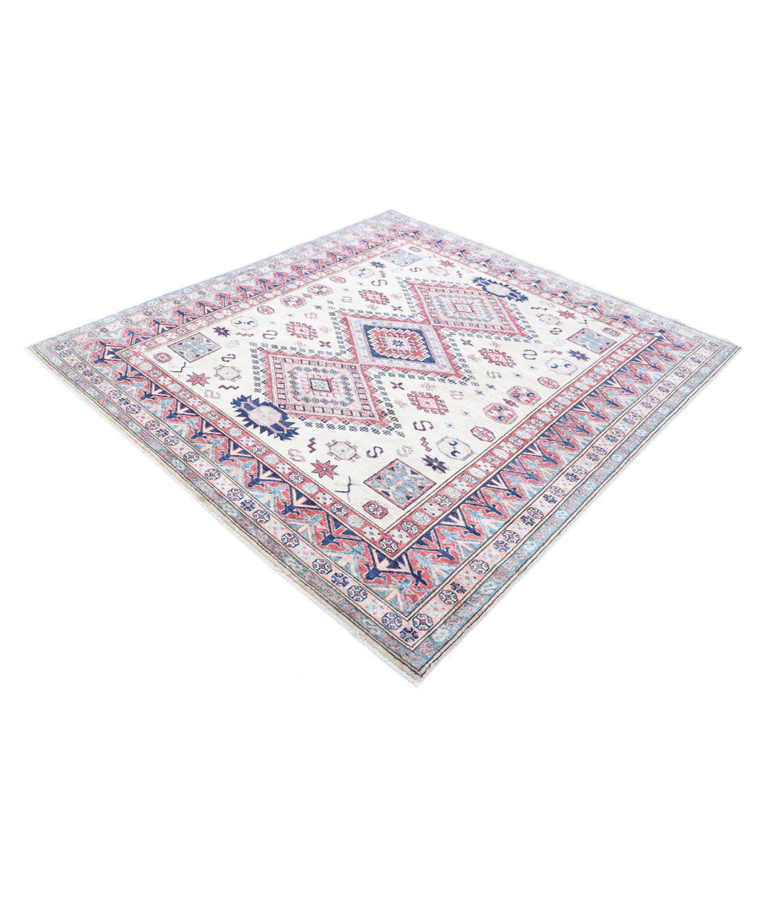 Kazak 6'2'' X 6'8'' Hand-Knotted Wool Rug 6'2'' x 6'8'' (185 X 200) / Ivory / Red