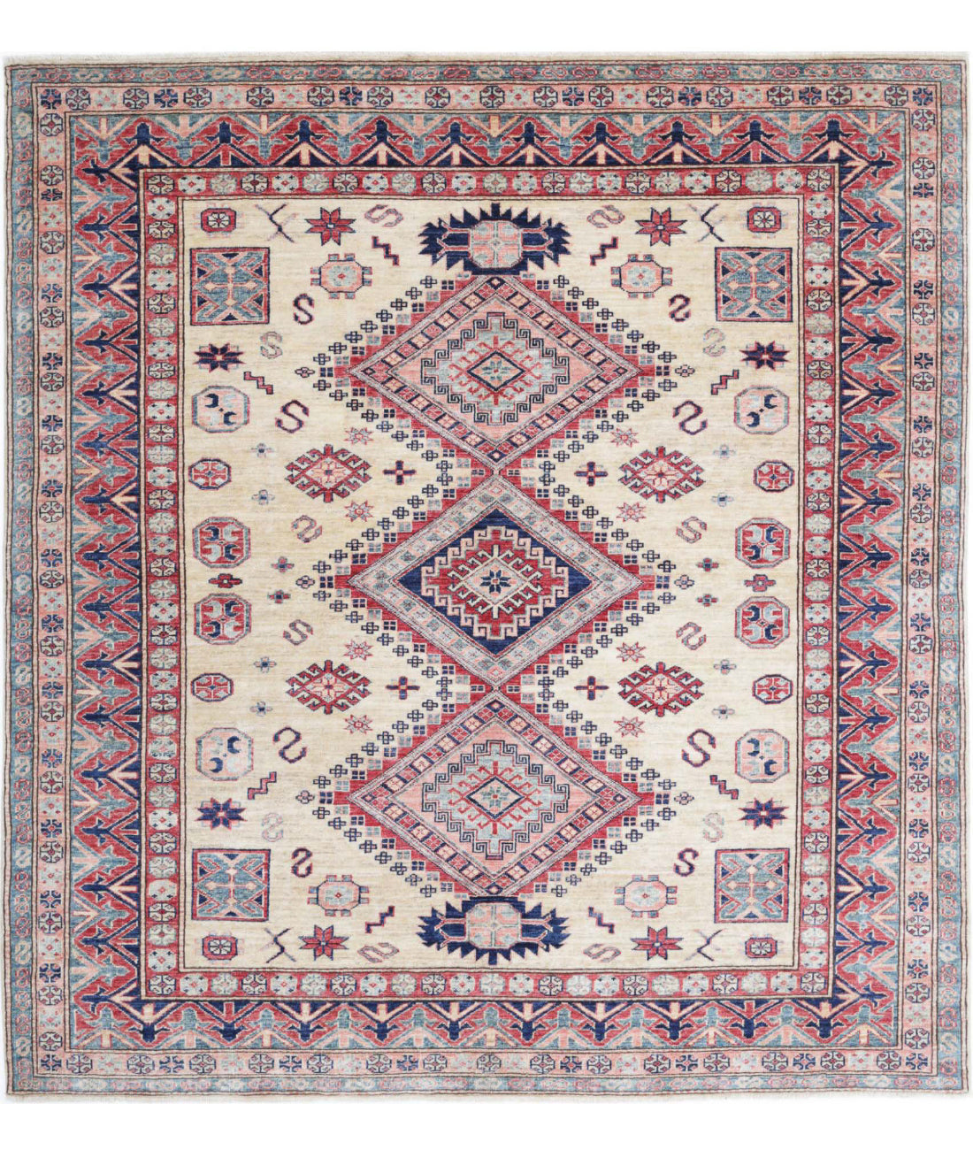 Kazak 6'2'' X 6'8'' Hand-Knotted Wool Rug 6'2'' x 6'8'' (185 X 200) / Ivory / Red