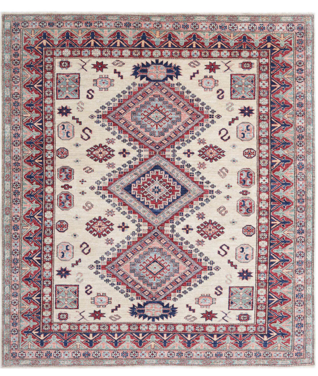 Kazak 5'11'' X 6'7'' Hand-Knotted Wool Rug 5'11'' x 6'7'' (178 X 198) / Ivory / Red