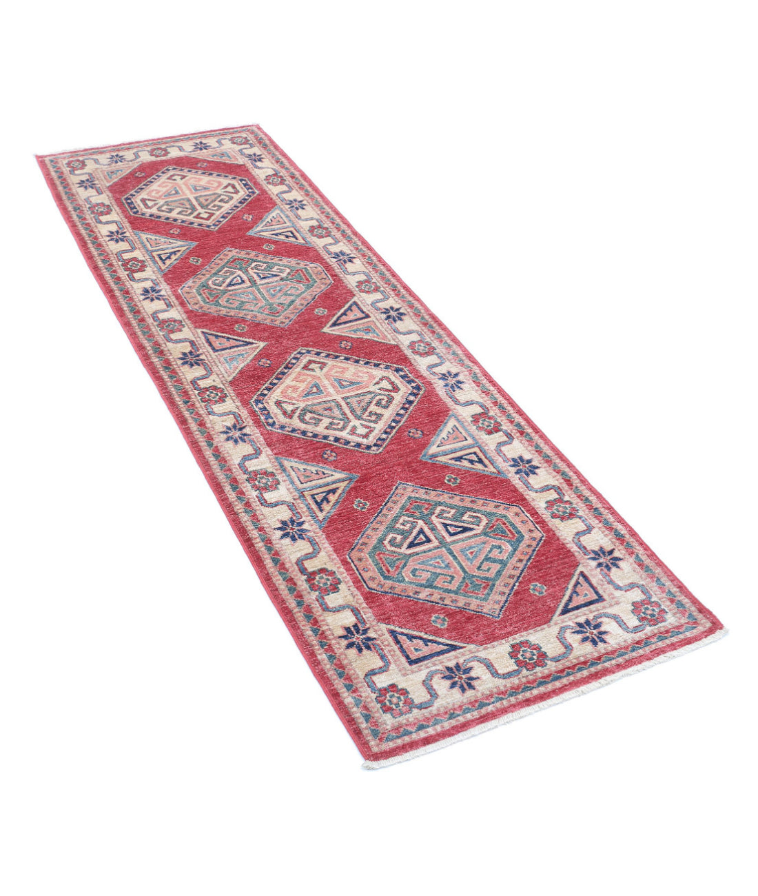 Kazak 2'1'' X 6'6'' Hand-Knotted Wool Rug 2'1'' x 6'6'' (63 X 195) / Red / Ivory