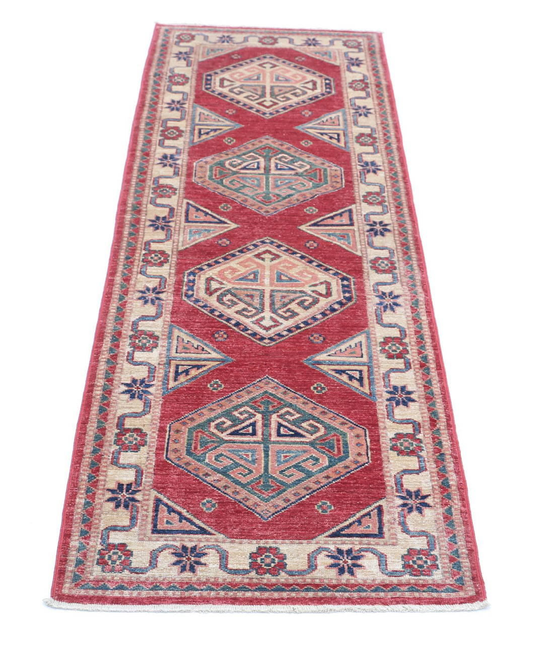 Kazak 2'1'' X 6'6'' Hand-Knotted Wool Rug 2'1'' x 6'6'' (63 X 195) / Red / Ivory