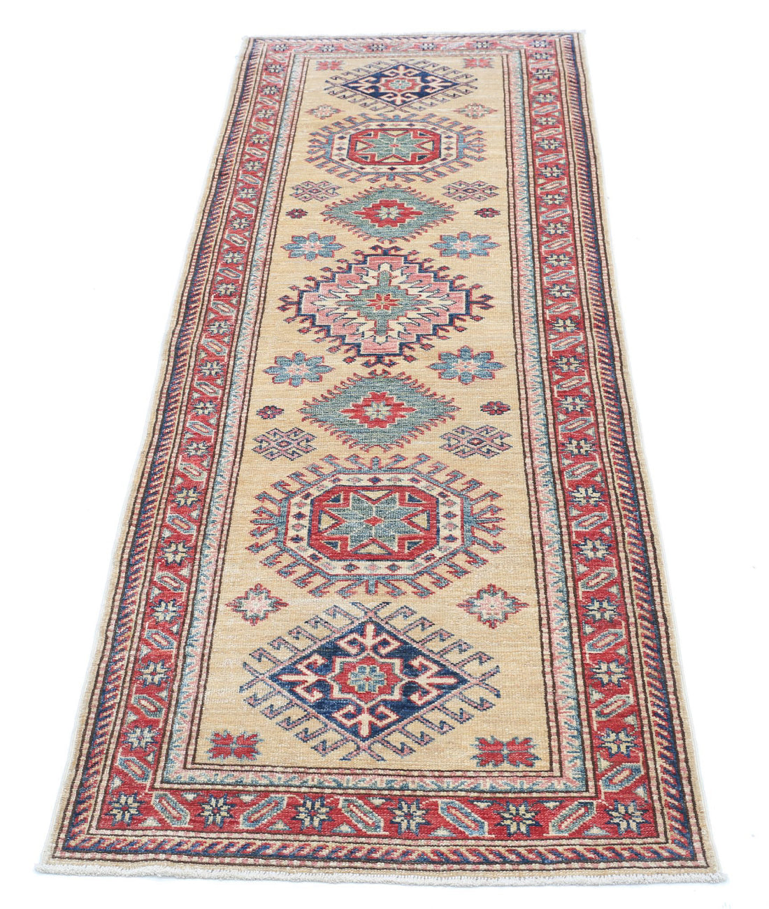 Kazak 2'4'' X 6'9'' Hand-Knotted Wool Rug 2'4'' x 6'9'' (70 X 203) / Gold / Red