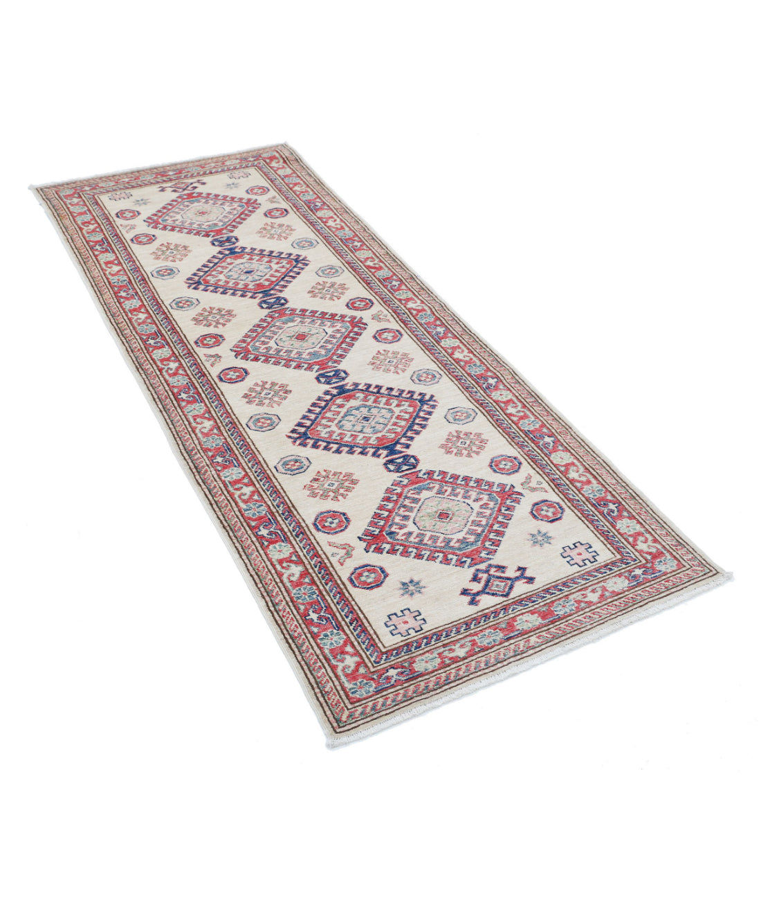 Kazak 2'7'' X 6'5'' Hand-Knotted Wool Rug 2'7'' x 6'5'' (78 X 193) / Ivory / Red