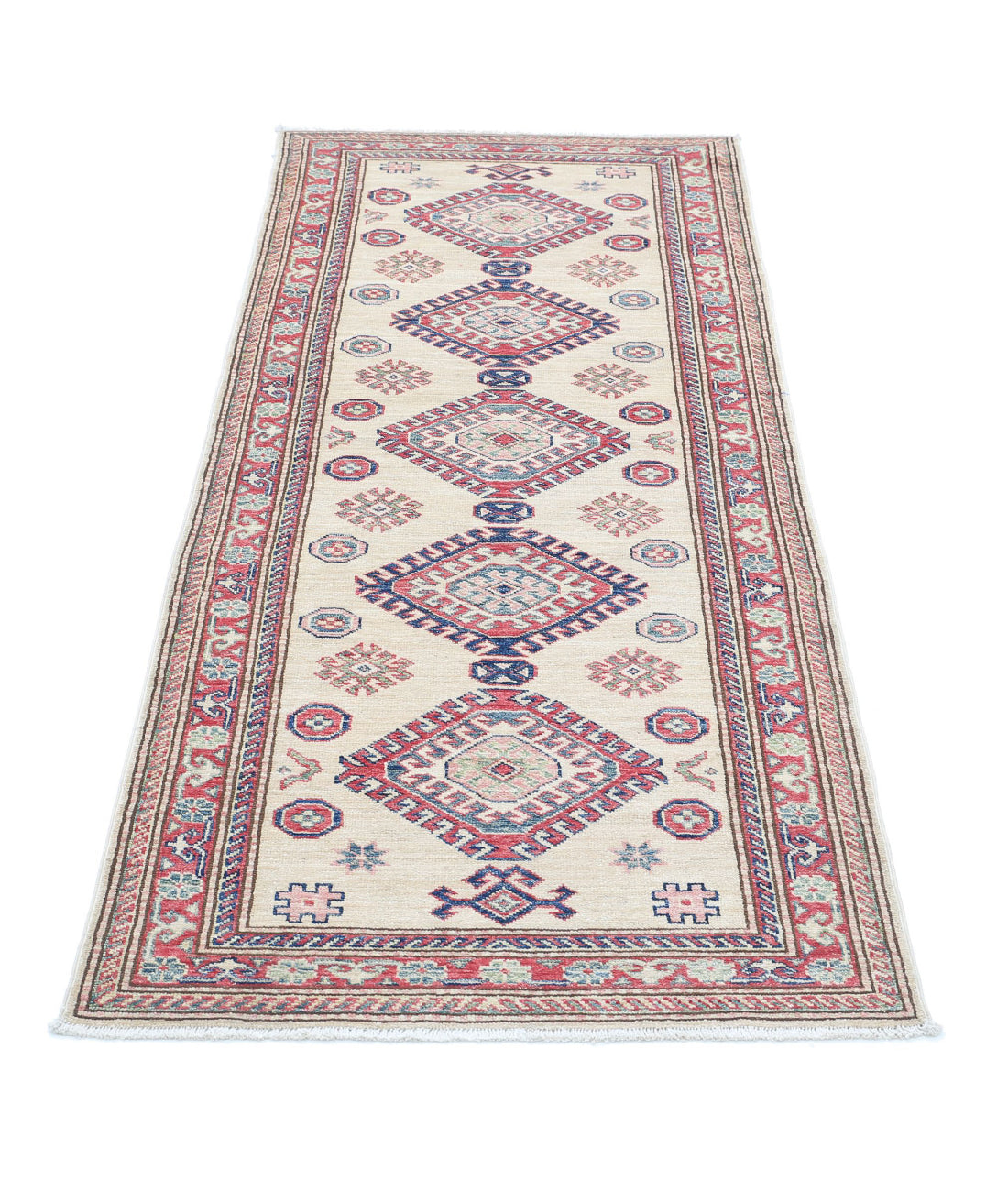 Kazak 2'7'' X 6'5'' Hand-Knotted Wool Rug 2'7'' x 6'5'' (78 X 193) / Ivory / Red